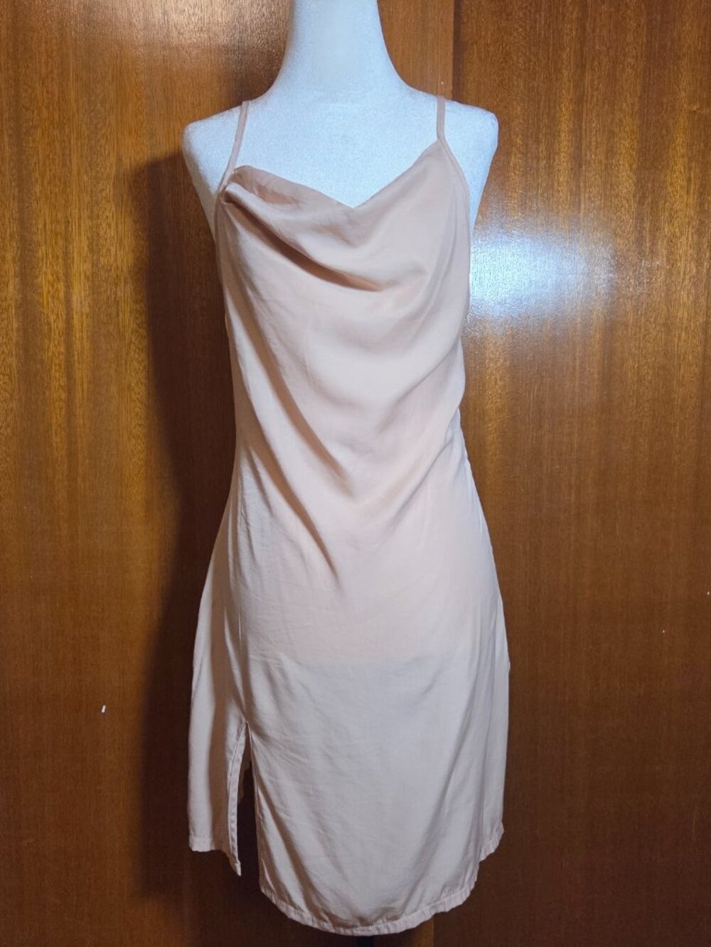 Beige Cowl Neck Side Slit Cami Mini Dress - S